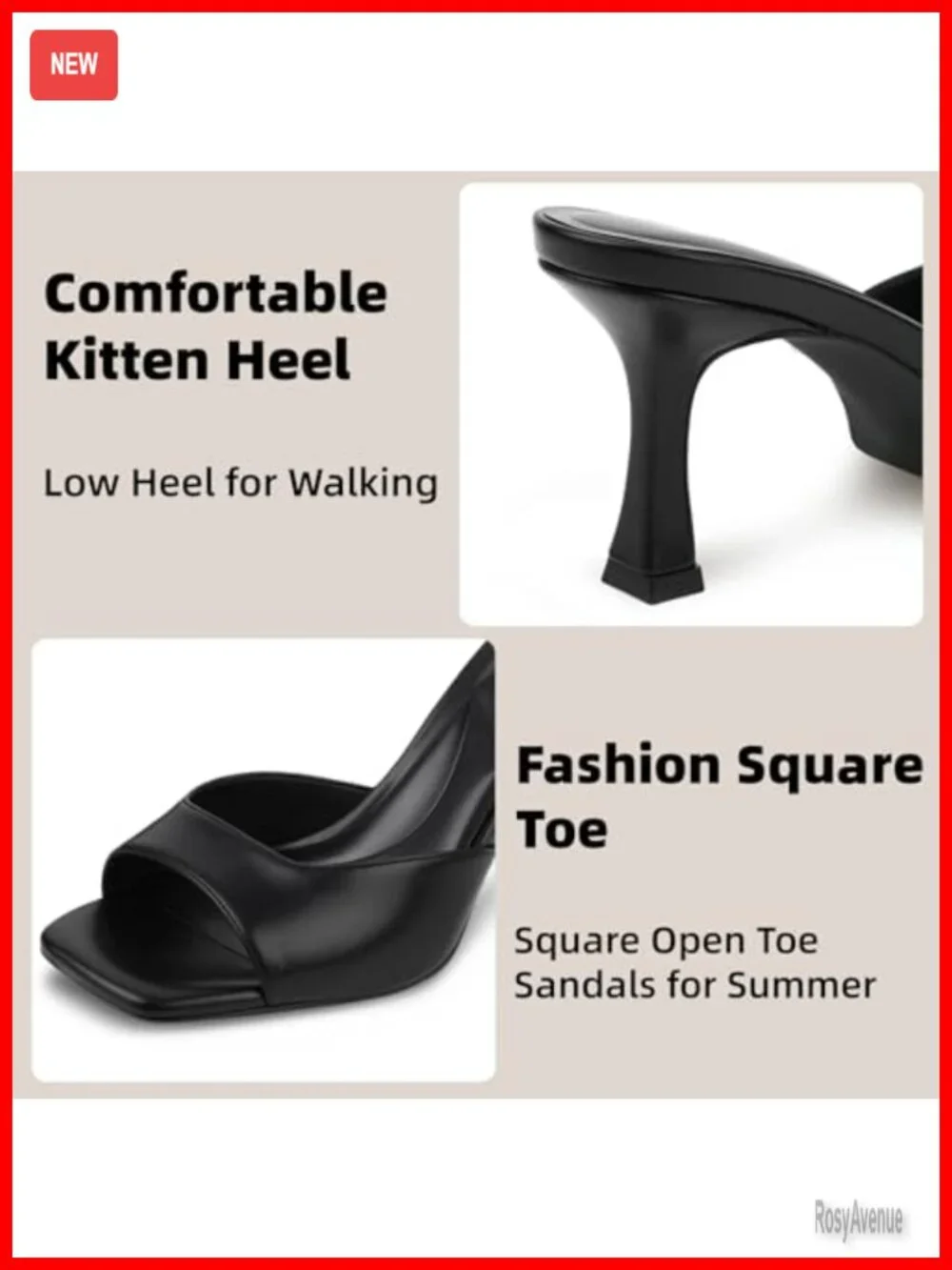 Womens Kitten Heel Square Toe Slide Sandals Backless PU Low Heel Mules